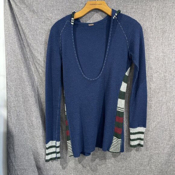 Free People Medium Waffle Knit Hoodie Top Sweater Wool Blend Blue Boho Beachy - Picture 1 of 11